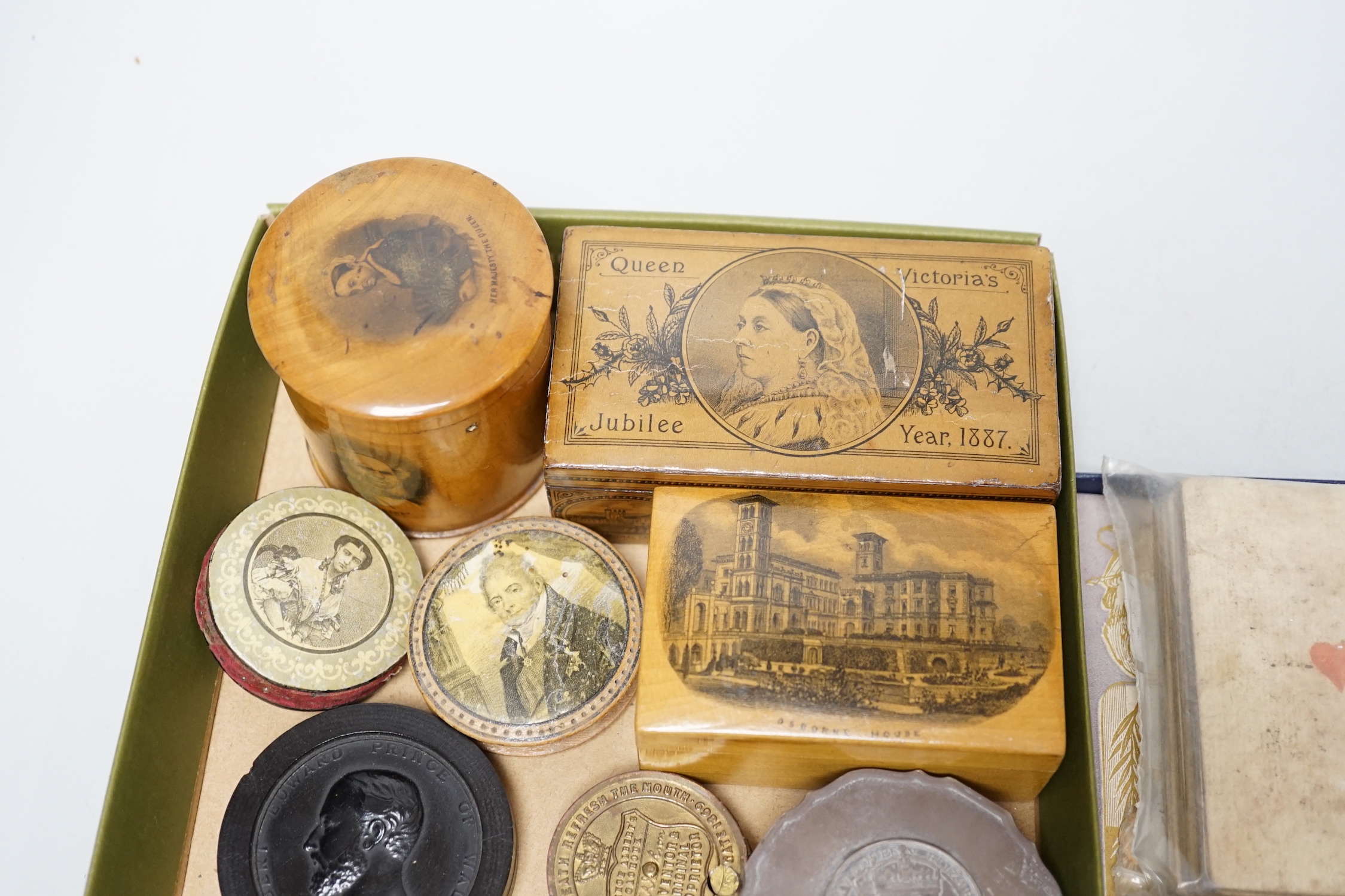 Objects including Edward VII commemorative prayer book, silver mounted box and miniature crown, boxed thimbles and two coin inset boxes, the largest 11cm wide